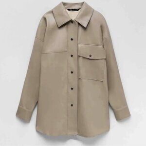 ☕️Zara Long Oversized Matte Faux Leather Button Down Tan Coat W/ Front Pocket☕️